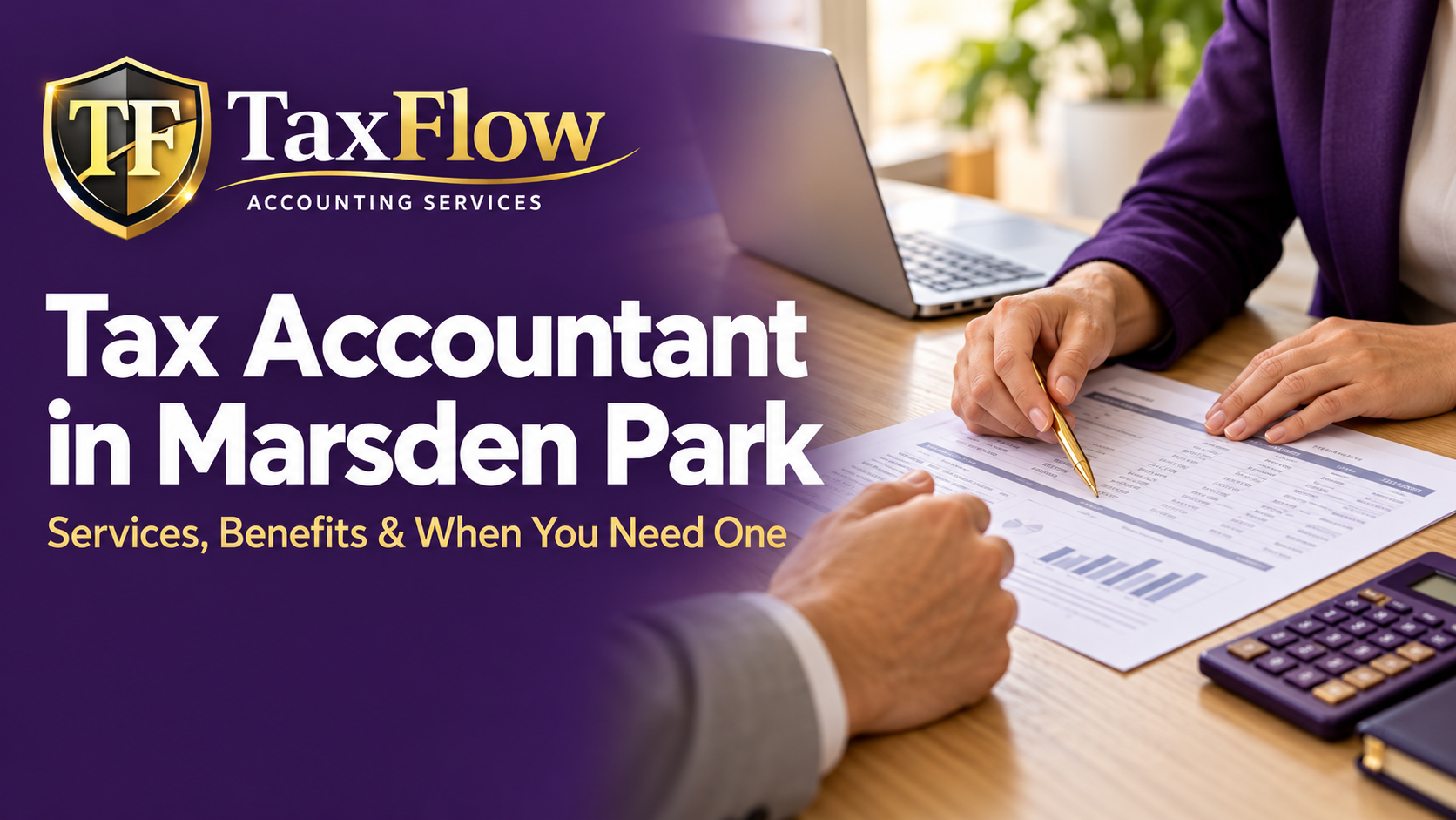 TaxFlow banner titled “Tax Accountant in Marsden Park,” showing an accountant reviewing financial documents with a client.