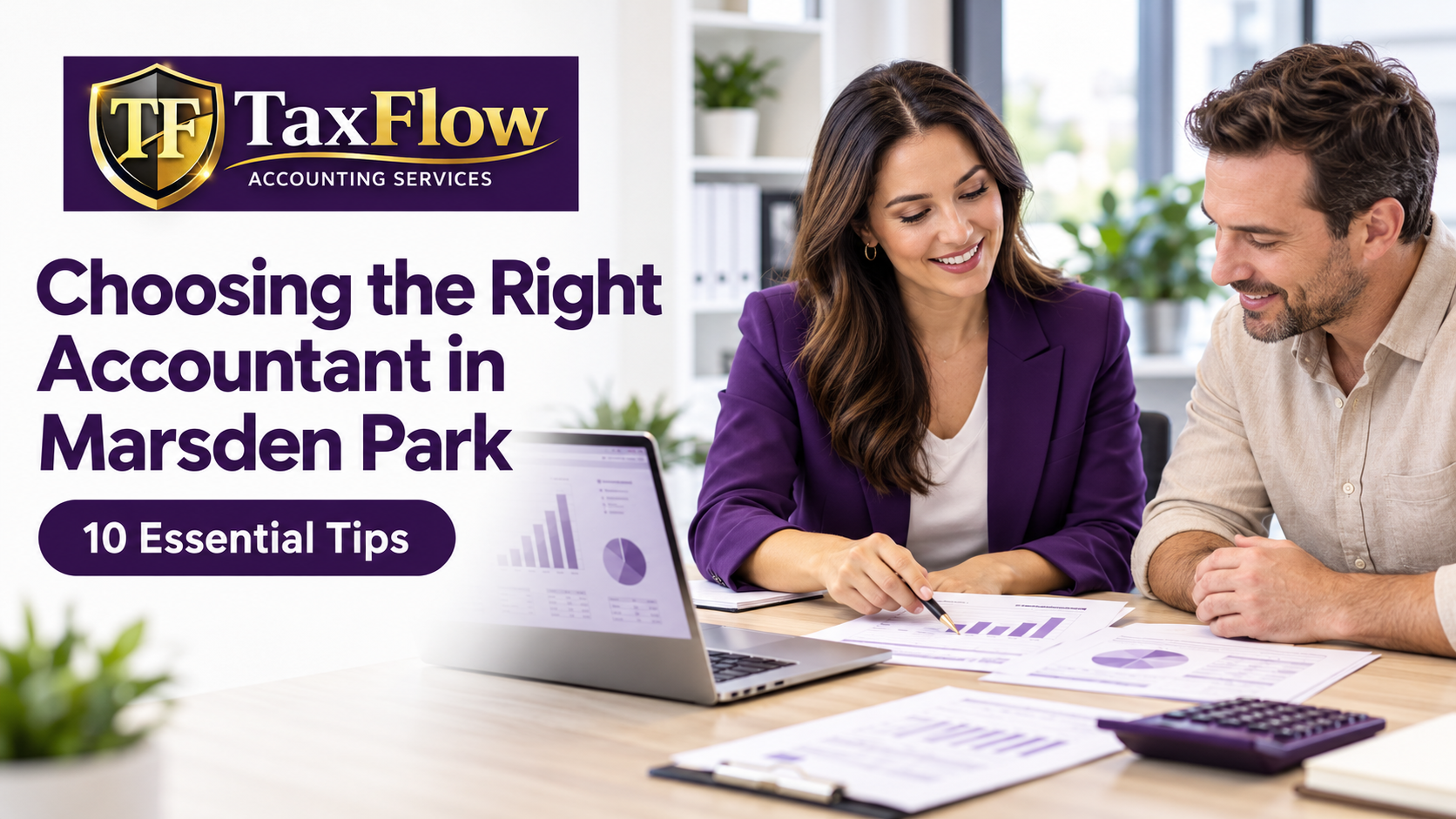 Accountant in Marsden Park reviewing business financial reports with a client