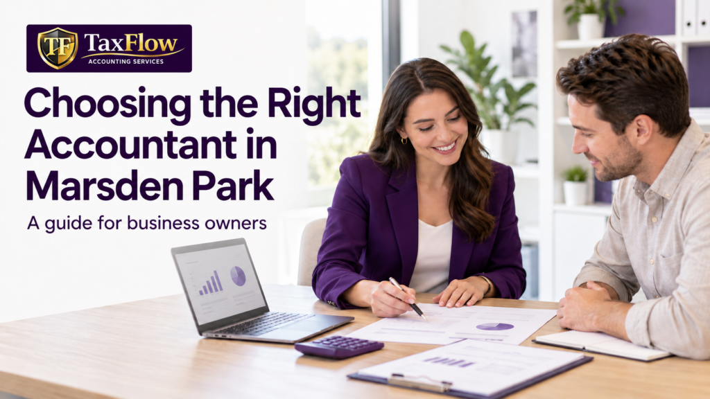 Accountant in Marsden Park reviewing business financial reports with a client